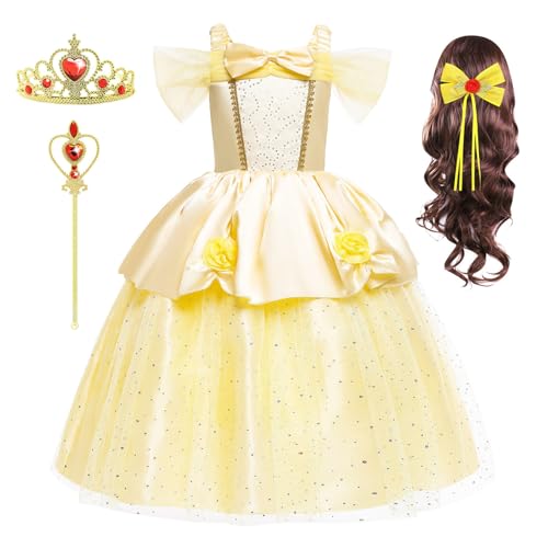 FStory&Winyee Belle Prinzessinnenkleid für Mädchen Kinder Kleid mit Halskette Krone Fancy Dress up Set Tutu Kleid für Verkleidung Geschenk Geburtstagsfeiern Halloween Karneval Cosplay, 100 von FStory&Winyee