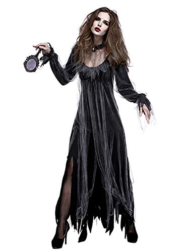 FStory&Winyee Halloween Kostüm Damen Geist Braut Kostüm Horror Zombiebraut Kostüm Geisterbraut Gruselig Dämonen Kostüm Vampir Karneval Verkleidung Cosplay Kleid für Erwachsene Schwarz, XL-37 von FStory&Winyee