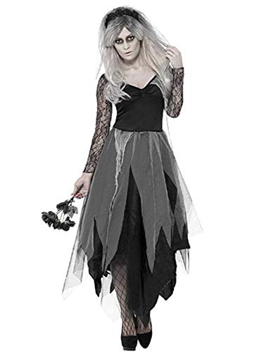 FStory&Winyee Halloween Kostüm Damen Geist Braut Kostüm Horror Zombiebraut Kostüm Geisterbraut Gruselig Dämonen Kostüm Vampir Karneval Verkleidung Cosplay Kleid für Erwachsene Schwarz, L-36 von FStory&Winyee