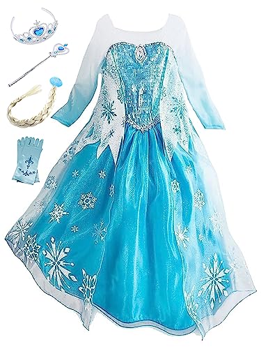 FStory&Winyee Kinder Prinzessin Elsa Kleid Mädchen Eiskönigin Kostüm Set Diadem Zauberstab Frozen Cosplay Party Verkleidung Karneval Weihnachten Geburtstag Fasching Geschenk Blau Schneeflocke 100-150 von FStory&Winyee