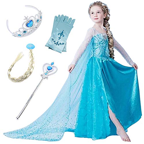 FStory&Winyee Kostüm Mädchen Prinzessin Elsa Kleid Eiskönigin Kinder Kostüme Glanz Blau Kostüm Karneval Party Kinder Verkleidung Weihnachten Halloween Fest, Blau, 120 von FStory&Winyee