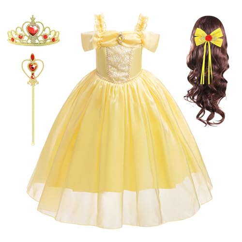 FStory&Winyee Mädchen Belle Prinzessin Kostüm Kinder Tutu fancy Kleid Baby TüllKleid mit Perücke für Verkleidung Cosplay Kindergarten Geschenk Halloween Weihnachten Geburtstag Partys, 110 von FStory&Winyee