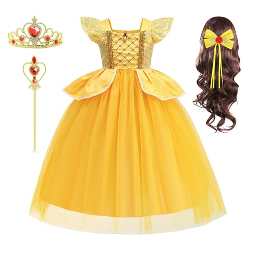 FStory&Winyee Mädchen Belle Prinzessin Kostüm mit Perücke Kinder Tüll Kleid Gelbes Tutu Dress für Verkleidung Halloween Weihnachten Cosplay Geschenk Party Fasching Karneval, Gelb, 100 von FStory&Winyee