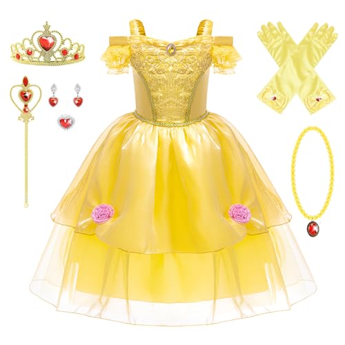 FStory&Winyee Mädchen Belle Prinzessin Kostüm mit Zubehöre Kinder Tutu Kleid Drop Shoulder Fancy Dress für Verkleidung Karneval Halloween Geburtstag Cosplay Partys, Gelb, 100 von FStory&Winyee