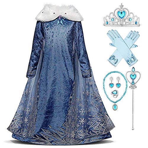 FStory&Winyee Mädchen Eiskönigin Kostüm Prinzessin Elsa Kleid mit Umhang Frozen Party Eisprinzessin Verkleidung Fasching Cosplay Outfit Set Diadem,Zauberstab,Handschuhe,Halskette,Ring,Ohrringe von FStory&Winyee