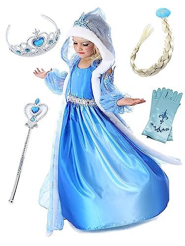 FStory&Winyee Mädchen Kostüm für Karneval Kinder Prinzessin Elsa Kleid Set mit Umhang Diadem Zauberstab Eiskönigin Verkleidung Cosplay Märchen Rollenspiel Weihnachten Fasching Geburtstagsgeschenk Blau von FStory&Winyee