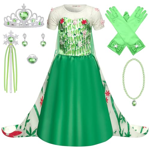 FStory&Winyee Mädchen Prinzessin ELSA Kostüm Blumen Kleid Kinder Eiskönigin Verkleidung Frozen Cosplay Party Karneval Outfit Set Diadem,Handschuhe,Zauberstab,Ohrringe,Halskette,Ring von FStory&Winyee