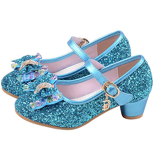 FStory&Winyee Mädchen Schuhe Festlich Prinzessin Ballerinas mit Absatz Kinder Schuhe Partei Glitzer Schleife Pailletten Sandalen Cinderella Elsa Cosplay Kostüm Karneval Party Verkleiden Fasching 26-37 von FStory&Winyee