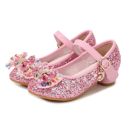 FStory&Winyee Mädchen Schuhe Festlich Prinzessin Ballerinas mit Absatz Kinder Schuhe Partei Glitzer Schleife Pailletten Sandalen Cinderella Elsa Cosplay Kostüm Karneval Party Verkleiden Fasching 26-37 von FStory&Winyee