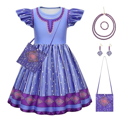 FStory&Winyee Mädchen Wish Asha Kleid mit Halskette Ohrring Kinder Kleid lila Prinzessin Rock Outfits Dress up Set für Halloween Verkleidung Karneval Fasching Geschenk Partys, 130 von FStory&Winyee