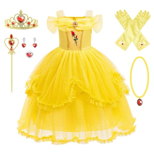 FStory&Winyee Prinzessin Kleid Mädchen Belle Kostüm mit Halskette Krone Zauberstab Baby Tutu Faschingskostüm für Verkleidung Cosplay Geschenk Geburtstag Halloween Karneval, Gelb, 100 von FStory&Winyee