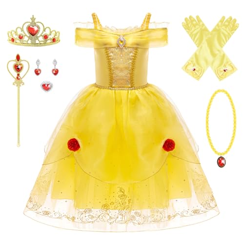 FStory&Winyee Prinzessin Kostüm für Mädchen Tutu Belle Kleid mit Halskette Krone Kinder Fancy Dress up Set für Verkleidung Cosplay Geschenk Halloween Karneval Cosplay Geburtstag, 100 von FStory&Winyee