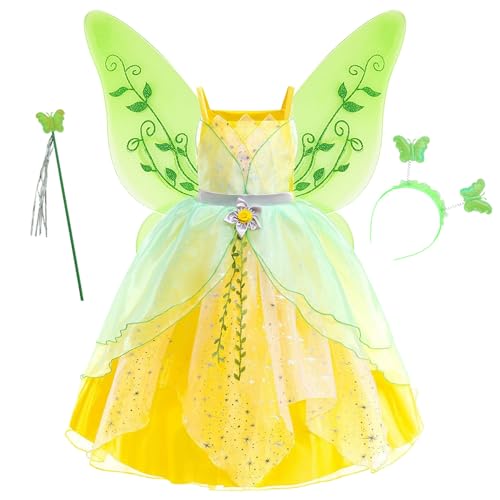 FStory&Winyee Tiana Prinzessin Kleid mit Flügel Haarband Kinder Tutu Kostüm Grünes Dress up Set für Verkleidung Halloween Geschenk Geburtstag Halloween Weihnachten Cosplay, Grün, 100 von FStory&Winyee