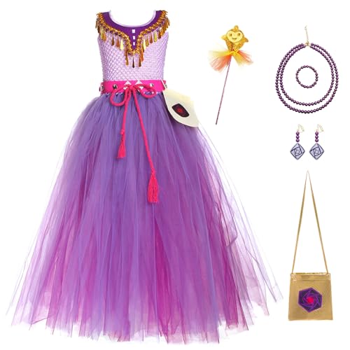 FStory&Winyee Wish Asha Kleid lila Kostüm mit Halskette Ohrringe Zauberstab Zubehöre asha Prinzessin Kleider Mädchen tutu Rock Tüllkleid für Halloween Weihnachten Verkleidung Cosplay Karneval, M von FStory&Winyee