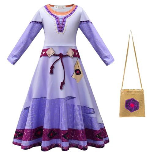 FStory&Winyee Wish Asha Kostüm für Damen Mächen Kinder Kleider mit Tasche lila Prinzessin Dress up Set für Halloween Verkleidung Cosplay Geburtstagsfeiern Weihnachten Schule, 150 von FStory&Winyee