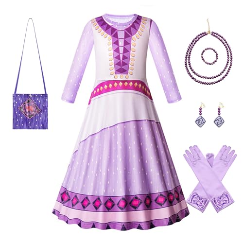 FStory&Winyee Wish Asha Prinzessin Kostüm mit Halskette Ohrringe Handschuhe LIla Dress Up Set für Fasching Weihnachten Geburtstagsfeiern Verkleidung Karneval schule Partys Cosplay, 110 von FStory&Winyee