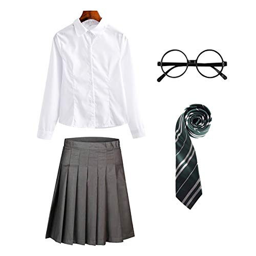 FStory&Winyee Zauberer Set Bluse Rock Weste Krawatte Brille Kostüm Zubehör für Kinder Erwachsene Zubehör Set Striped Tie Gestreifte Krawatte zum Karneval Fasching Halloween, weiblich -grün,XXL von FStory&Winyee