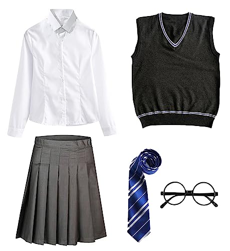 FStory&Winyee Zauberer Set Bluse Rock Weste Krawatte Brille Kostüm Zubehör für Kinder Erwachsene Zubehör Set Striped Tie Gestreifte Krawatte zum Karneval Fasching Halloween,2 Weiblich-blau,155 von FStory&Winyee