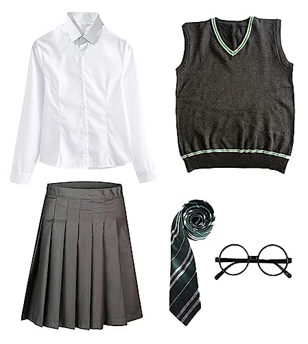 FStory&Winyee Zauberer Set Bluse Rock Weste Krawatte Brille Kostüm Zubehör für Kinder Erwachsene Zubehör Set Striped Tie Gestreifte Krawatte zum Karneval Fasching Halloween,2 Weiblich-grün,145 von FStory&Winyee