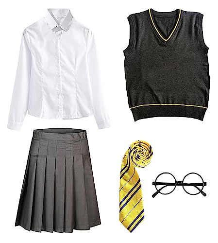 FStory&Winyee Zauberer Set Bluse Rock Weste Krawatte Brille Kostüm Zubehör für Kinder Erwachsene Zubehör Set Striped Tie Gestreifte Krawatte zum Karneval Fasching Halloween,2 Weiblich-gelb,145 von FStory&Winyee