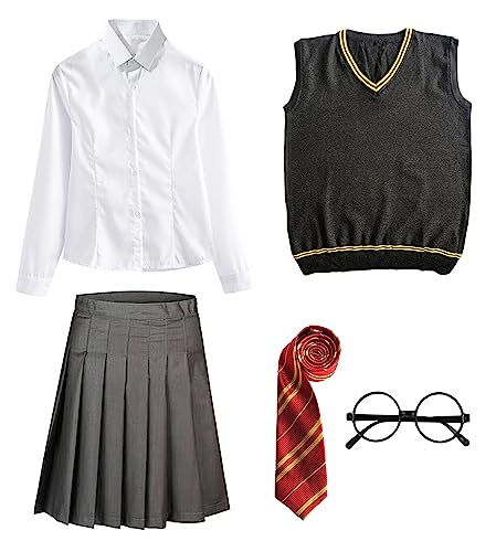 FStory&Winyee Zauberer Set Bluse Rock Weste Krawatte Brille Kostüm Zubehör für Kinder Erwachsene Zubehör Set Striped Tie Gestreifte Krawatte zum Karneval Fasching Halloween,2 Weiblich-rot,115 von FStory&Winyee