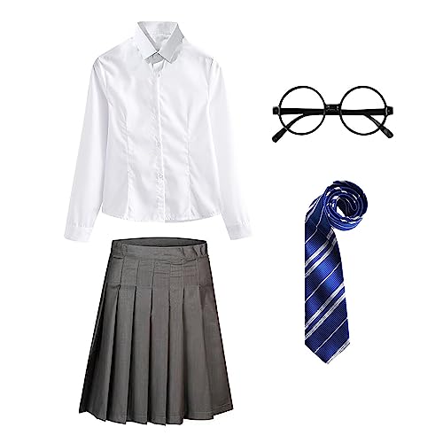 FStory&Winyee Zauberer Set Bluse Rock Weste Krawatte Brille Kostüm Zubehör für Kinder Erwachsene Zubehör Set Striped Tie Gestreifte Krawatte zum Karneval Fasching Halloween,Weiblich-blau,135 von FStory&Winyee