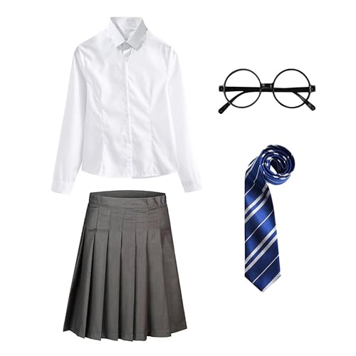 FStory&Winyee Zauberer Set Bluse Rock Weste Krawatte Brille Kostüm Zubehör für Kinder Erwachsene Zubehör Set Striped Tie Gestreifte Krawatte zum Karneval Fasching Halloween,Weiblich-blau,L von FStory&Winyee