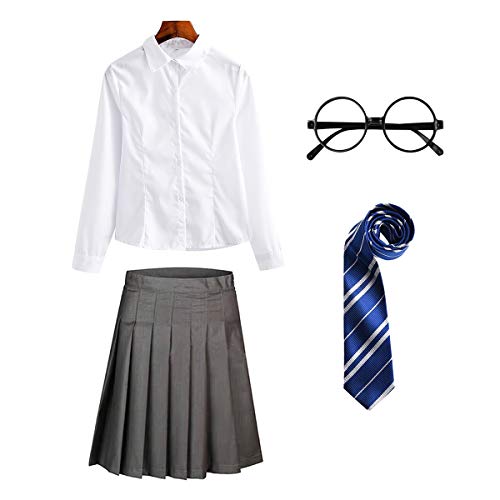 FStory&Winyee Zauberer Set Bluse Rock Weste Krawatte Brille Kostüm Zubehör für Kinder Erwachsene Zubehör Set Striped Tie Gestreifte Krawatte zum Karneval Fasching Halloween,Weiblich-blau,M von FStory&Winyee