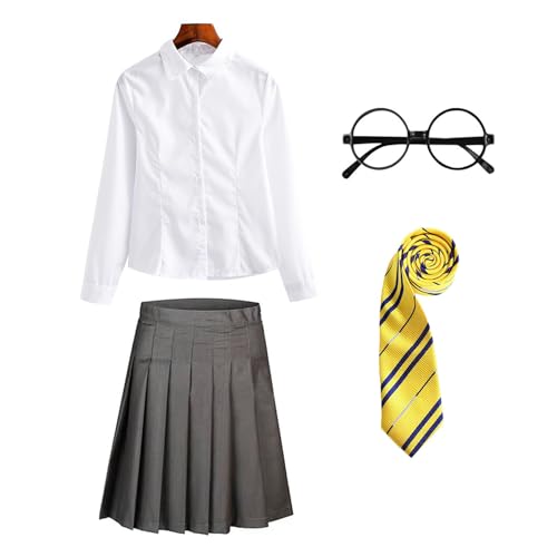 FStory&Winyee Zauberer Set Bluse Rock Weste Krawatte Brille Kostüm Zubehör für Kinder Erwachsene Zubehör Set Striped Tie Gestreifte Krawatte zum Karneval Fasching Halloween,Weiblich-gelb,115 von FStory&Winyee