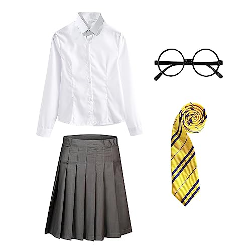 FStory&Winyee Zauberer Set Bluse Rock Weste Krawatte Brille Kostüm Zubehör für Kinder Erwachsene Zubehör Set Striped Tie Gestreifte Krawatte zum Karneval Fasching Halloween,Weiblich-gelb,XL von FStory&Winyee