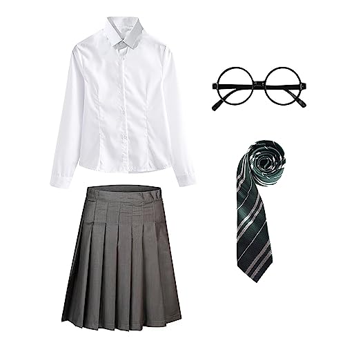 FStory&Winyee Zauberer Set Bluse Rock Weste Krawatte Brille Kostüm Zubehör für Kinder Erwachsene Zubehör Set Striped Tie Gestreifte Krawatte zum Karneval Fasching Halloween,Weiblich-grün,125 von FStory&Winyee