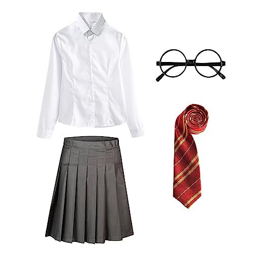 FStory&Winyee Zauberer Set Bluse Rock Weste Krawatte Brille Kostüm Zubehör für Kinder Erwachsene Zubehör Set Striped Tie Gestreifte Krawatte zum Karneval Fasching Halloween,Weiblich-rot,115 von FStory&Winyee