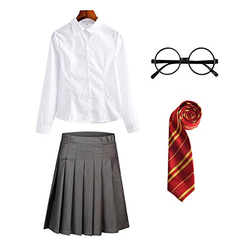 FStory&Winyee Zauberer Set Bluse Rock Weste Krawatte Brille Kostüm Zubehör für Kinder Erwachsene Zubehör Set Striped Tie Gestreifte Krawatte zum Karneval Fasching Halloween,Weiblich-rot,L von FStory&Winyee