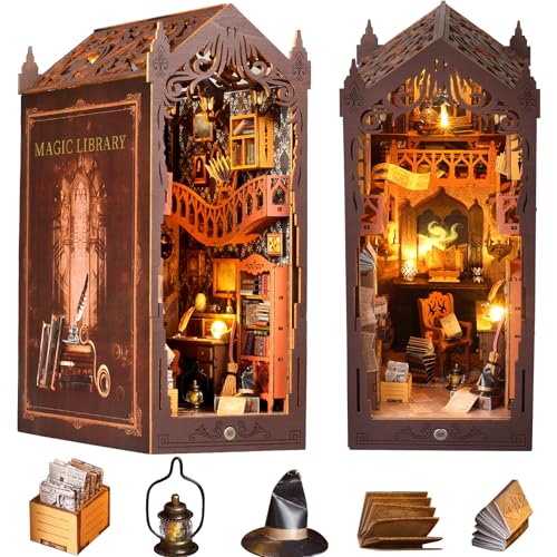 Book Nook DIY Kit, Miniatur Puppenhaus mit LED Licht, 3D Puzzle Buchstützen aus Holz, Bücherecke Modellbausatz mit Möbeln, Buchstützen Dekoration für Personen über 14 Jahre(magischen Bibliothek) von FTJKGH