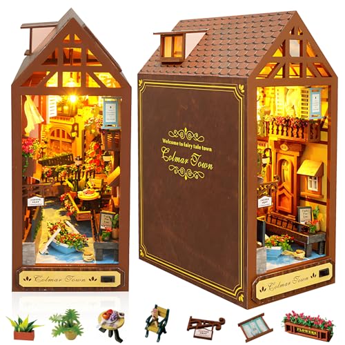 FTJKGH Book Nook DIY Kit, DIY Puppenhaus Holz Haus mit Möbeln und LED-Licht, 3D Puzzle Buchstützen aus Holz, Buch Ecke Miniatur Kit für Erwachsene Teens für Weihnachten Dekor (Die sorglosen Tage) von FTJKGH