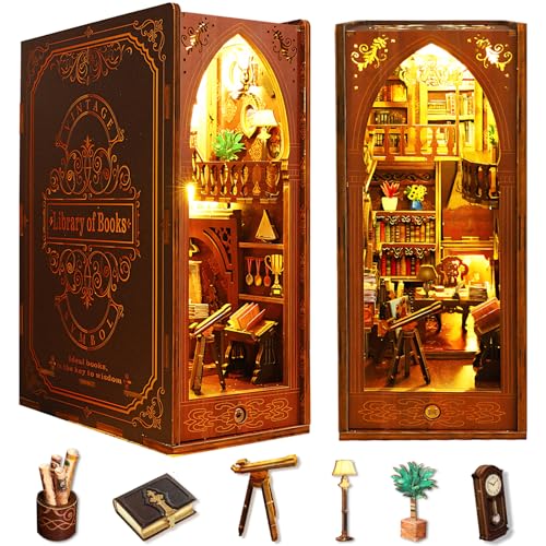 Book Nook DIY Kit, Miniatur Puppenhaus mit LED Licht, 3D Puzzle Buchstützen aus Holz, Bücherecke Modellbausatz mit Möbeln, Buchstützen Dekoration für Personen über 14 Jahre(einem Observatorium) von FTJKGH