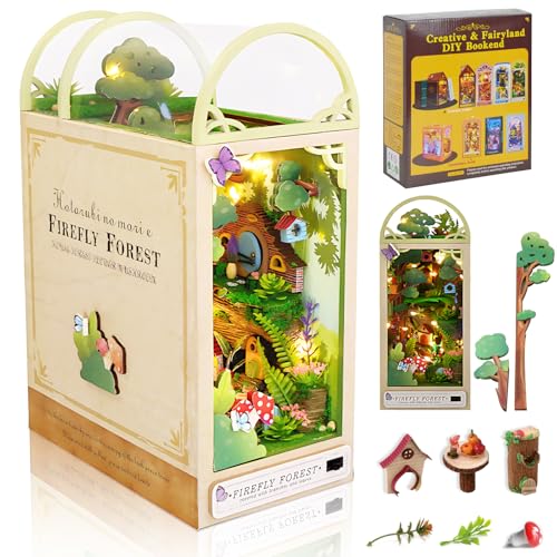 FTJKGH DIY Book Nook Kit, Puppenhaus Miniatur Haus mit Möbeln und LED-Licht, 3D Puzzle Buchstützen aus Holz, Miniatur Haus selber Bauen für Erwachsene&Teens für Weihnachten Dekor(Wald Wunderland) von FTJKGH