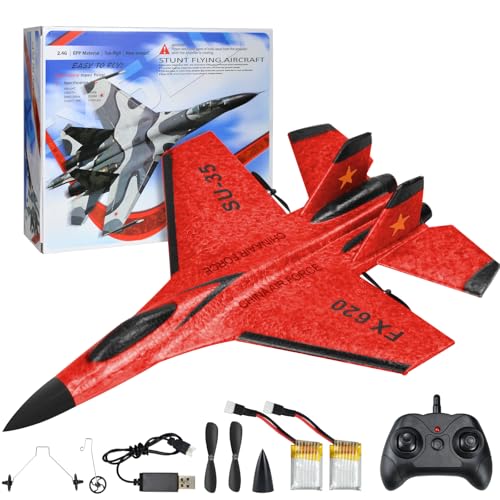 FTJKGH RC Flugzeug 2CH Ferngesteuerter, 2.4GHz Ferngesteuertes Flugzeug Kinder mit LED-Licht,SU35 Kämpfer Flieger Flugzeug Spielzeug Styroporflieger Kinder,RC Flugzeug RTF für Anfänger (Rot) von FTJKGH