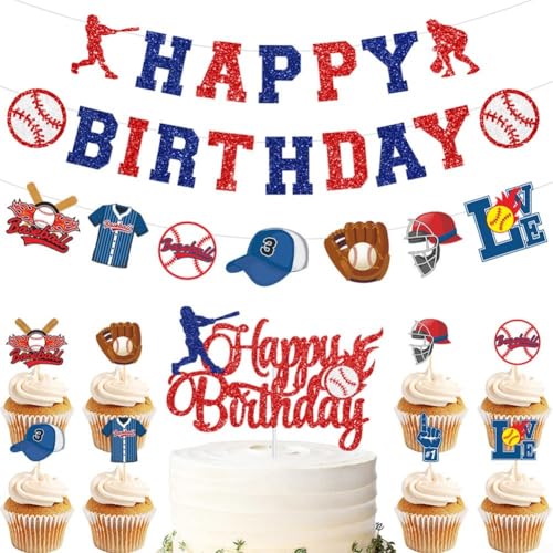 Partydekoration mit Baseball-Motiv, rot, weiß, blau, Happy Birthday-Banner von FUANA