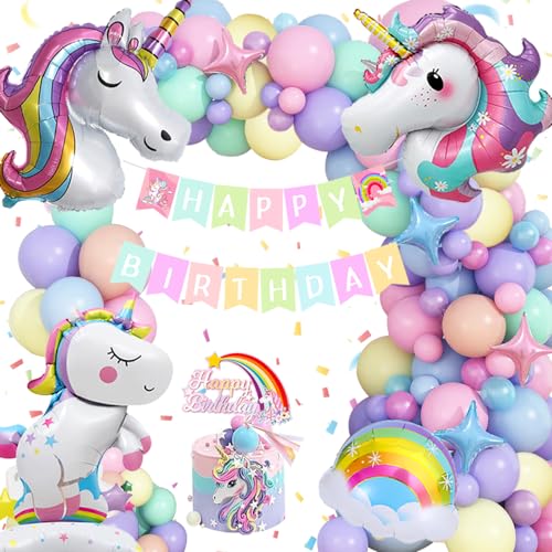 Einhorn Geburtstagsdeko Mädchen, Einhorn Deko Kindergeburtstag,Einhorn Luftballons Happy Birthday Deko,Einhorn Party Deko Geburtstag mit Einhorn Folienballon Kuchen Topper für Mädchen Geburtstags Deko von FUBABCO