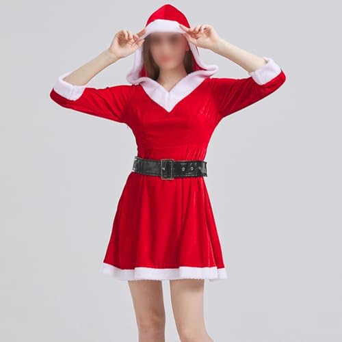 Rotes Weihnachts-Cosplay-Outfit für Damen, mit Kapuze, modisches Samtkleid, perfekt für Feiern (Größe XL, Rot) von FUBESK