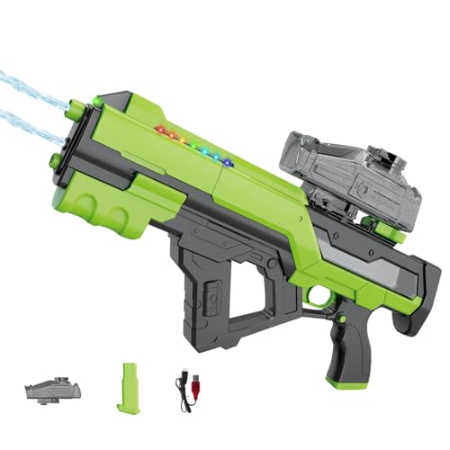 Elektrische Wasserpistole, Doppeldüsen-Wasserpistole Elektrisch, 800ml Electric Water Gun bis zu 8-10m, Bunt-LED Wasserspritzpistole Auto-Wasserabsaug, Wasser Pistole, für Erwachsene Kinder (Grün) von FUFRE