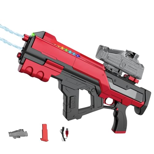 Elektrische Wasserpistole, Doppeldüsen-Wasserpistole Elektrisch, 800ml Electric Water Gun bis zu 8-10m, Bunt-LED Wasserspritzpistole Auto-Wasserabsaug, Wasser Pistole, für Erwachsene Kinder (Rot) von FUFRE