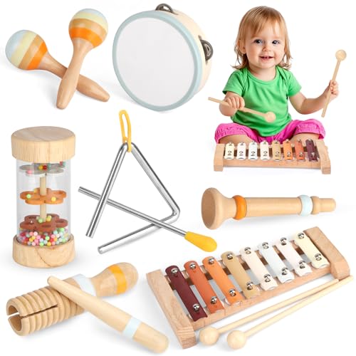 FUIOCOCP Musikinstrumente für Kinder, Montessori Spielzeug, Baby Xylophon, Holz, Braun, Kindermusikinstrumente-Set, Musikspielzeug für Jungen und Mädchen ab 1 Jahr von FUIOCOCP