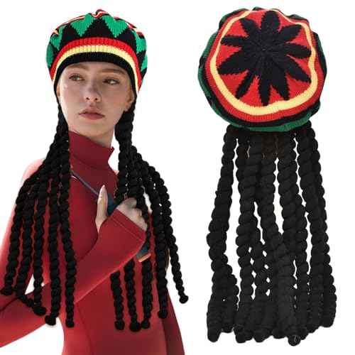 FUIPVGI 1 Stücke Mütze Rasta Dreadlocks, Reggae Hut Rasta Hut, Langer Geflochtene Perückenkappe, Jamaikanische Dreadlocks Perücke, Maskerade-Kostümzubehör für Partys, Cosplay (Mehrfarbig) von FUIPVGI