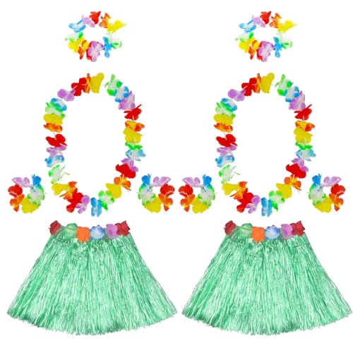 FUIPVGI 10 Stück Hawaii Hula Set Hawaii Party Kostüm Set Damen, Hawaiianisches Hula-Set mit Grün Grasrock Halskette Armbänder Stirnband, für Sommer Beachparty Deko Geburtstags (grün) von FUIPVGI