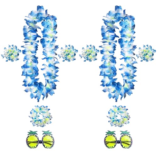 FUIPVGI 10 Stück Hawaii Kostüm Set Enthalten Armbänder Halskette Stirnband Ananas Brille für Party FeierKostüm Fancy Dress und Tropical Beach Party Dekorationen für Erwachsene Kind (Blau) von FUIPVGI