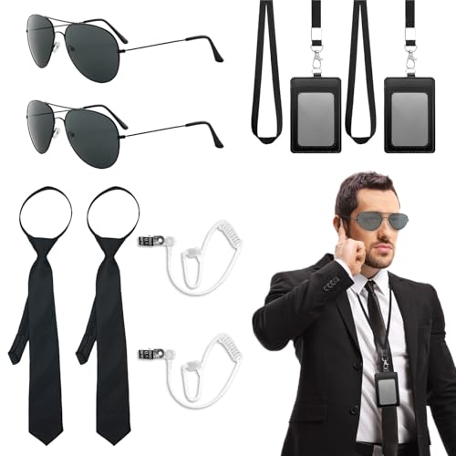 FUIPVGI 10 Stücke Agenten Zubehör Set, Chauffeur Kostüm Zubehör Set, mit Sonnenbrille, Krawatte, Kartenhalter, Ohrhörer Schlauch, Wachmann Cosplay Set, für Karneval Fasching Halloween (Schwarz) von FUIPVGI