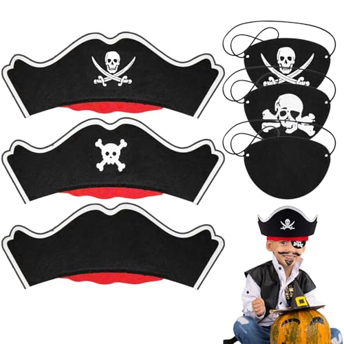 FUIPVGI 12 Stück Kinder-Piratenkostüme, 6 Piratenhüte und 6 Piraten-Augenklappen, Piraten-Kostümhut, Piraten-Outfit, Hut, Piraten-Stirnband für Halloween, Party, Rollenspiele (12 Stück) von FUIPVGI