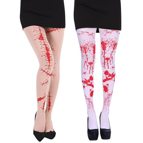 FUIPVGI 2 Paar Halloween Strümpfe Blutige Strumpfhosen Blutige Strumpfhose Halloween Damen Horror Leggings Blutverschmierte Strümpfe Overknee Strümpfe mit Blutspritzern (weiß, hautfarben) von FUIPVGI